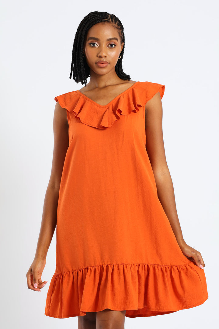 Sleeveless V-Neck Frill Mini Hem Dress - Burnt Orange