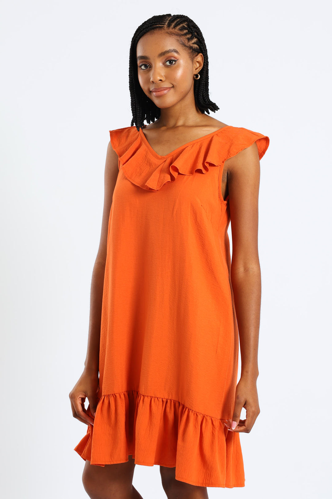 Sleeveless V-Neck Frill Mini Hem Dress - Burnt Orange