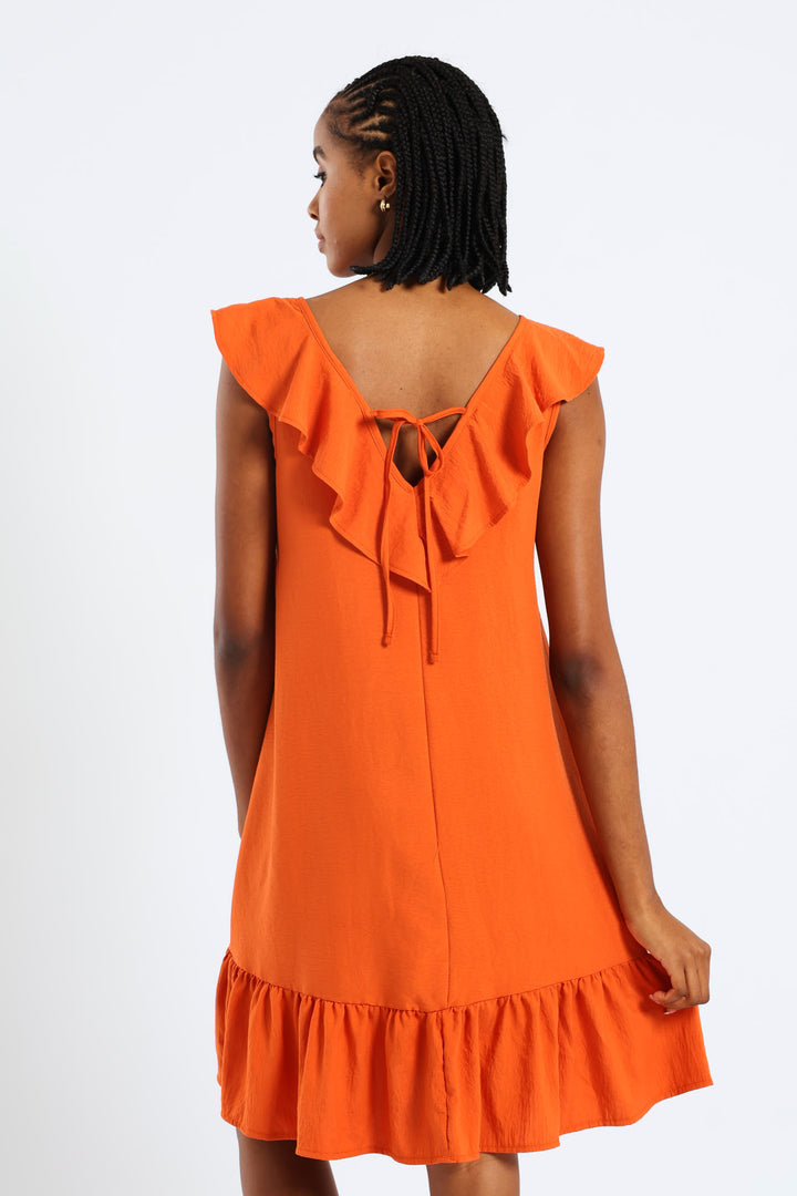 Sleeveless V-Neck Frill Mini Hem Dress - Burnt Orange