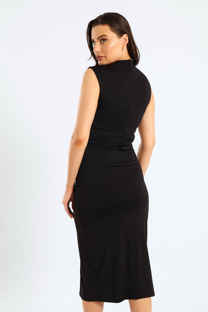 Hi-Neck Ruched Slinky Midi Dress - Black