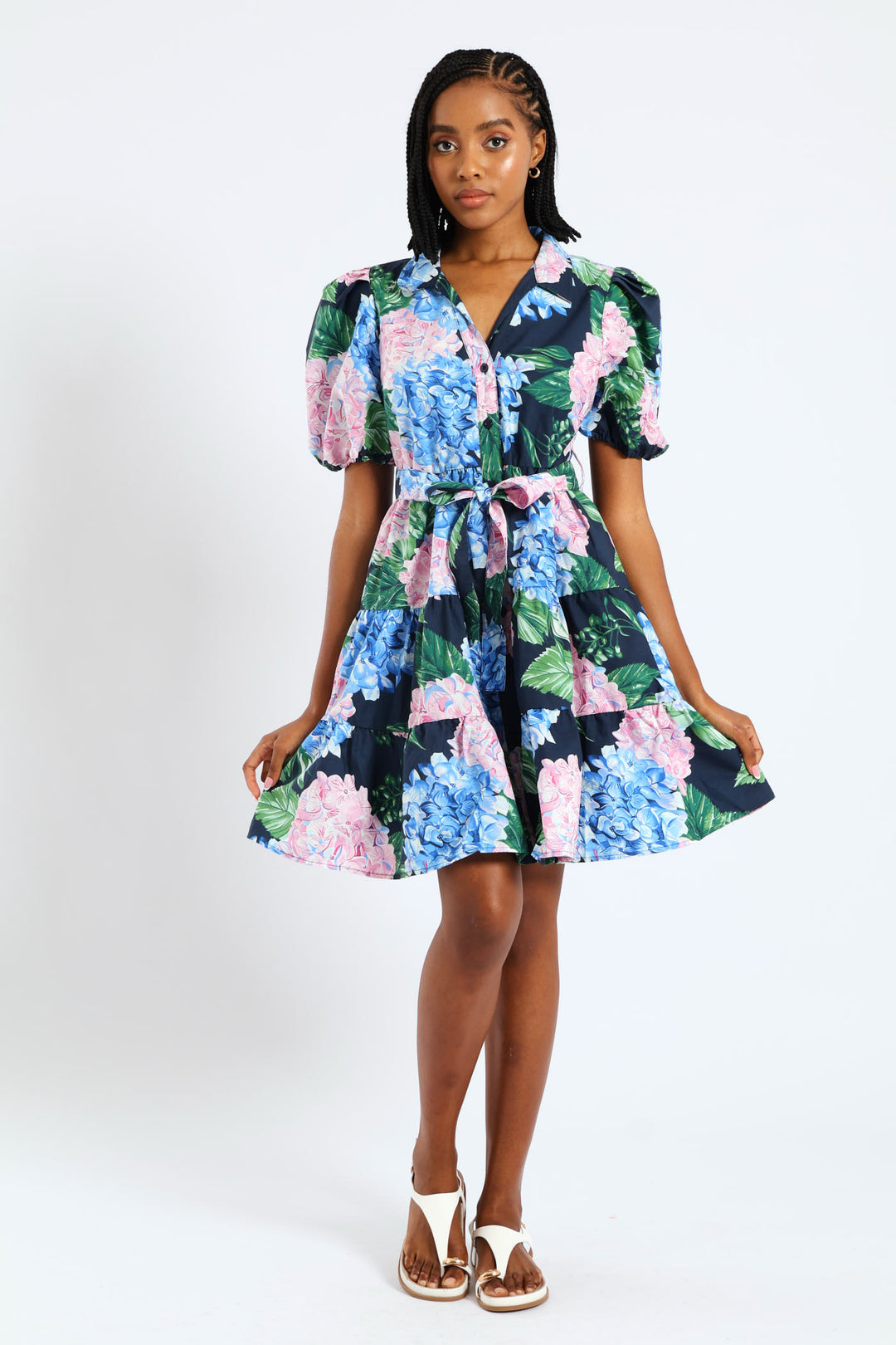 Collared Belted Tiered Shirt Dress - Multi