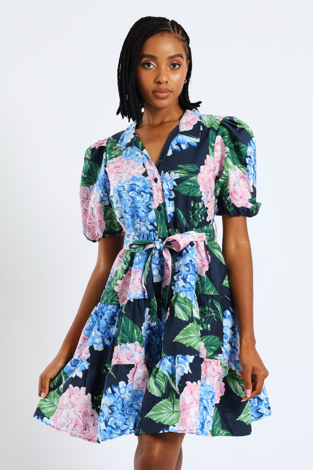 Collared Belted Tiered Shirt Dress - Multi