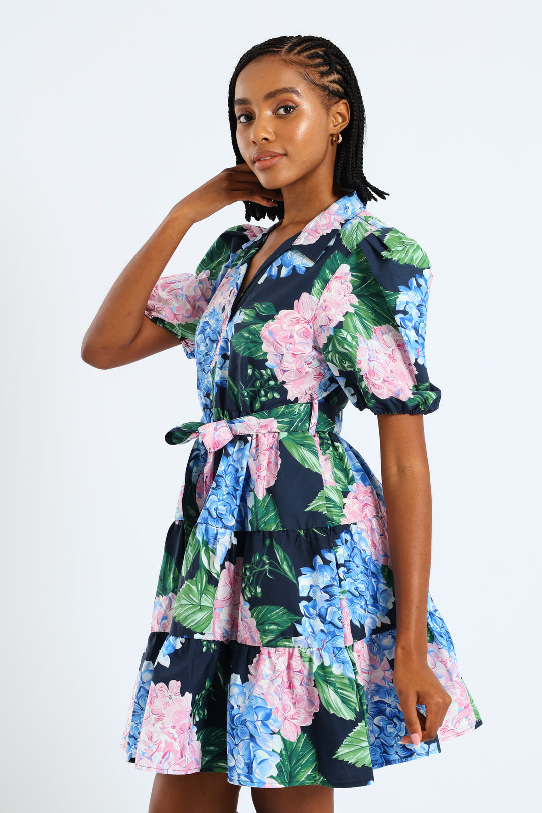 Collared Belted Tiered Shirt Dress - Multi