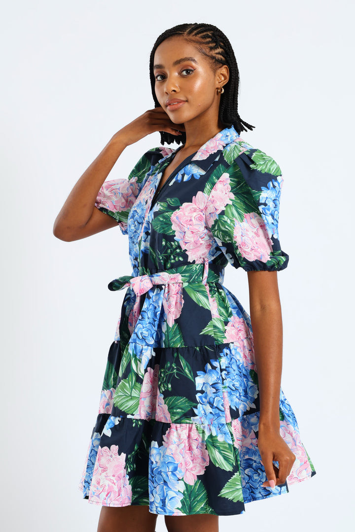 Collared Belted Tiered Shirt Dress - Multi