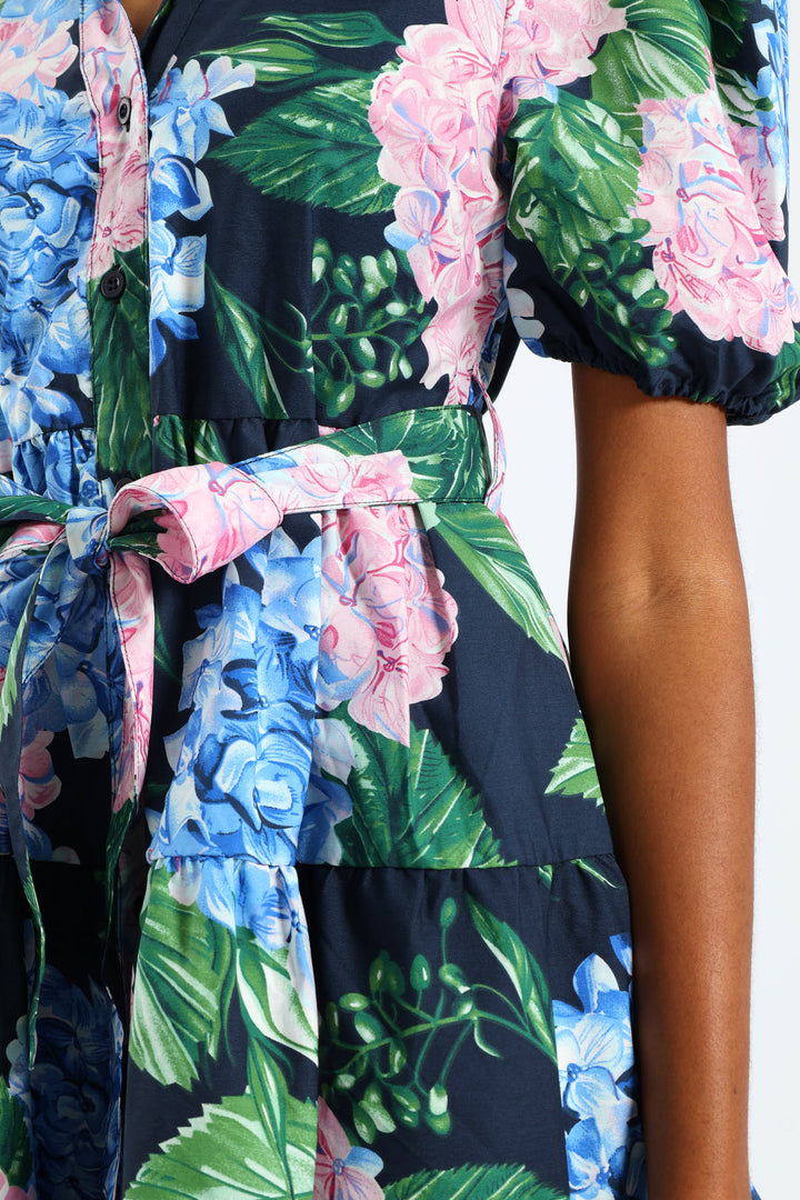 Collared Belted Tiered Shirt Dress - Multi