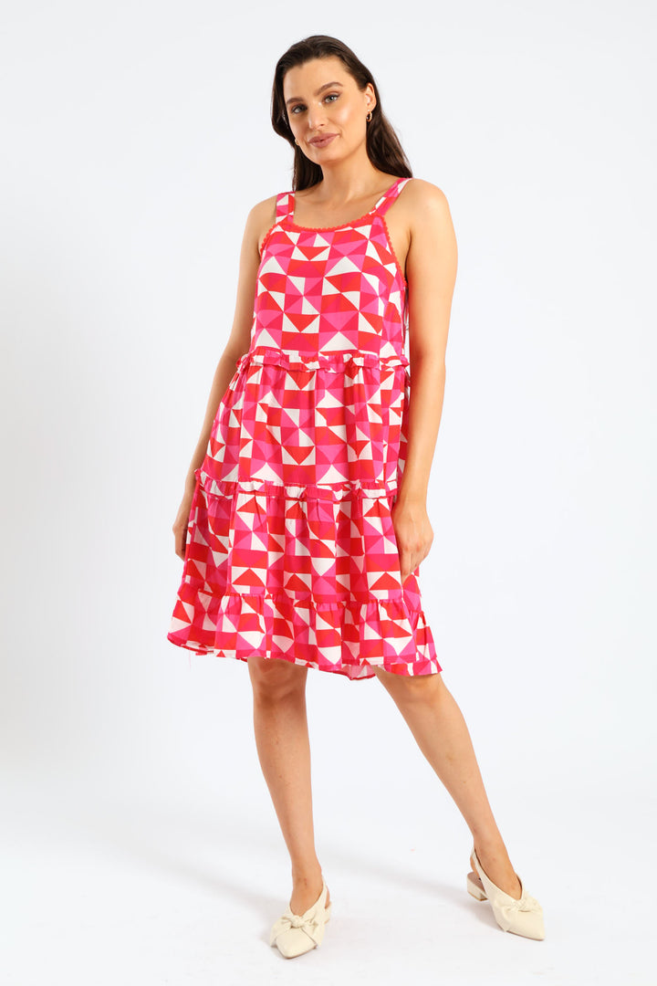 Rickrack Detail Tiered Mini Sun Dress - White/Pink