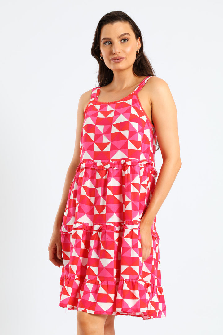 Rickrack Detail Tiered Mini Sun Dress - White/Pink