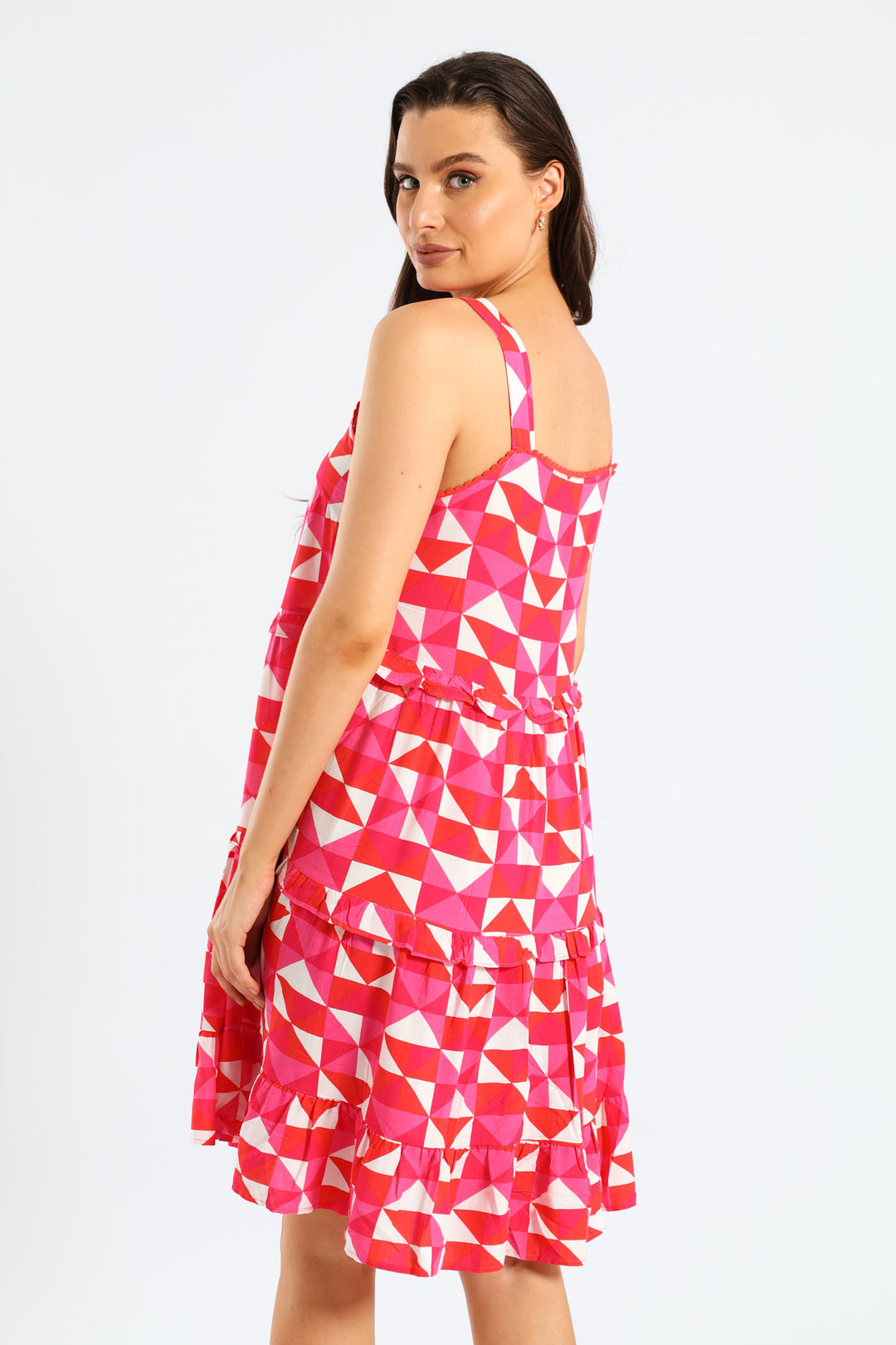 Rickrack Detail Tiered Mini Sun Dress - White/Pink