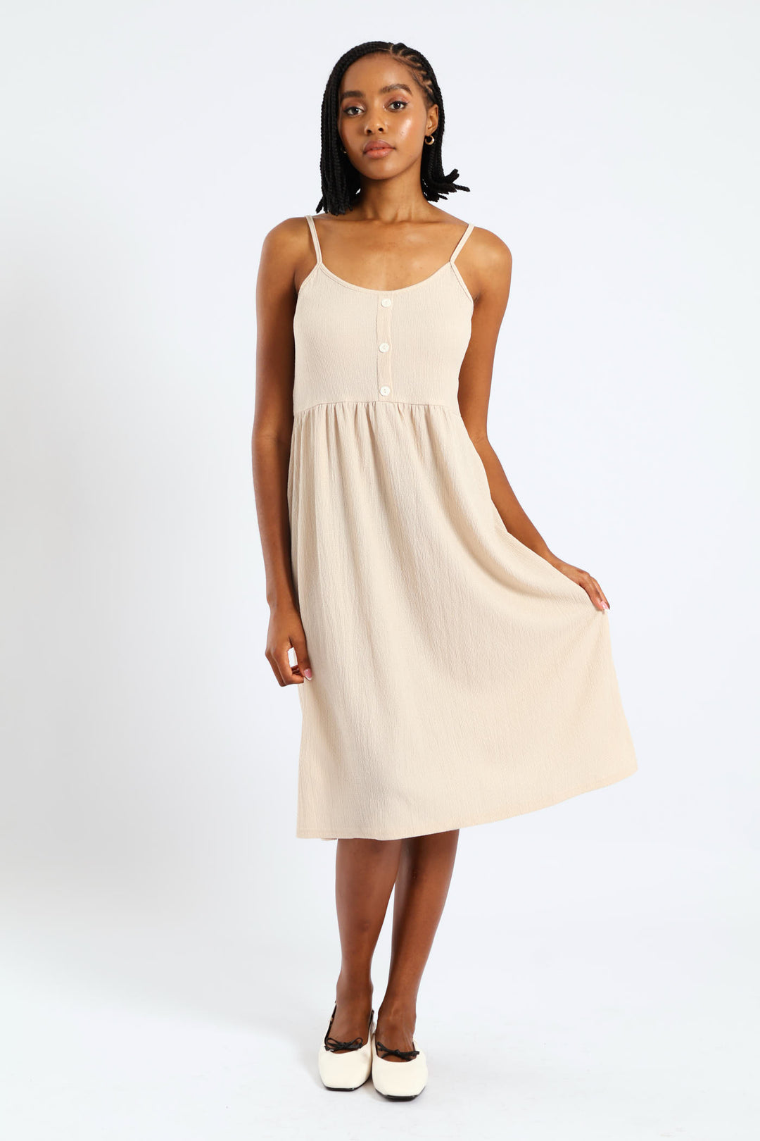 Sleeveless Strappy Button Sun Dress - Pebble