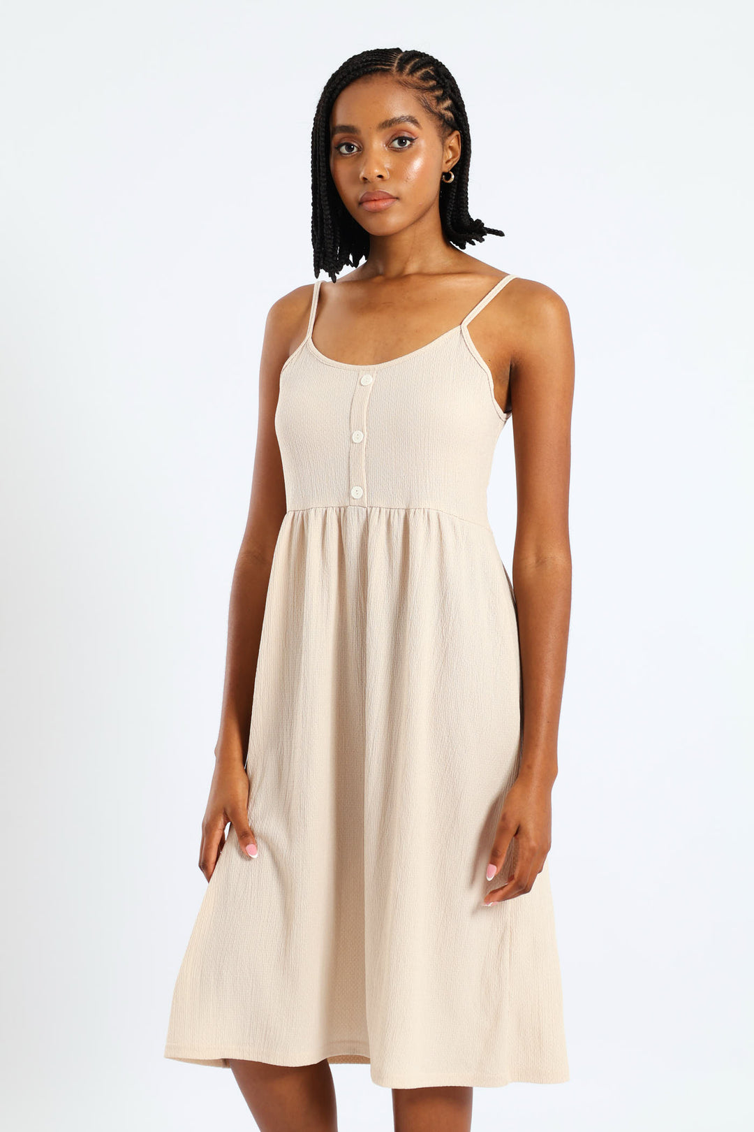 Sleeveless Strappy Button Sun Dress - Pebble