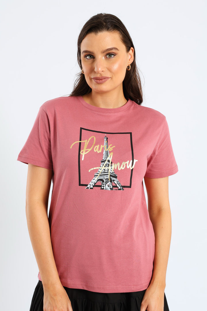 Paris Amour Eiffel Tower Frame Foil Regular Tee - Deco Rose
