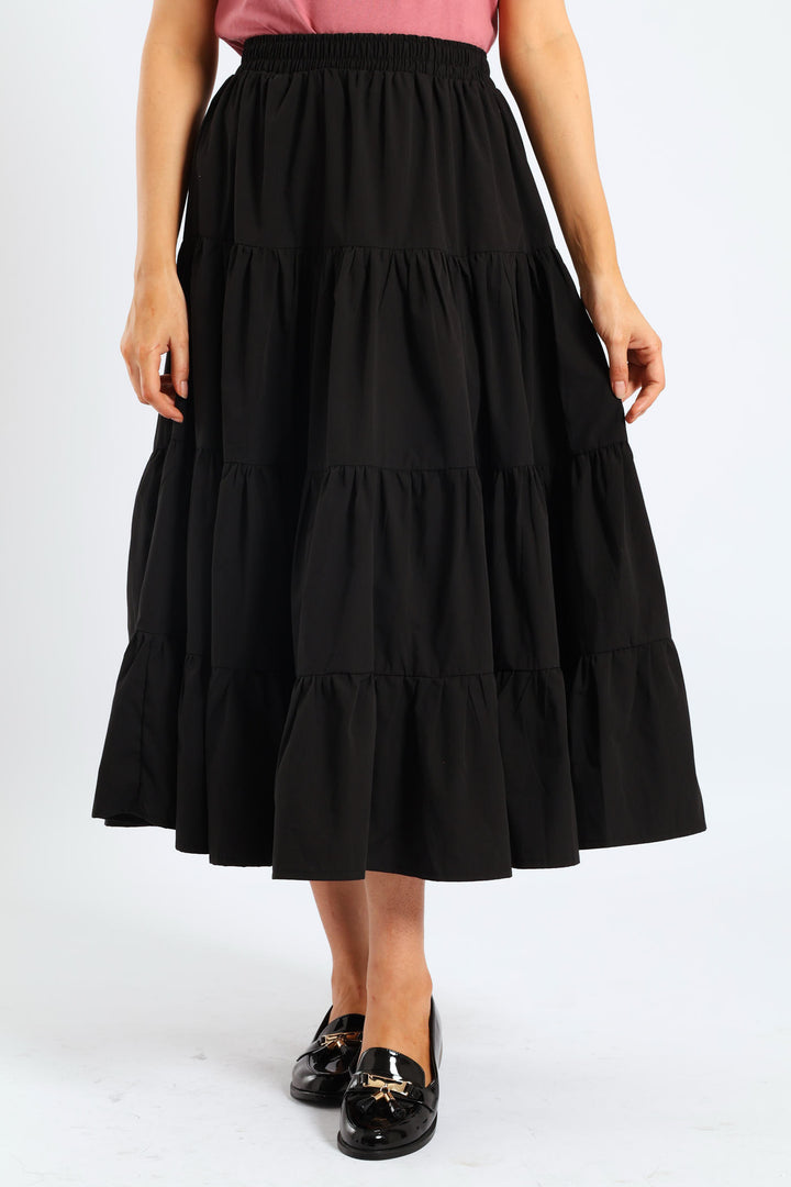 Tiered Poplin Flare Midaxi Skirt - Black