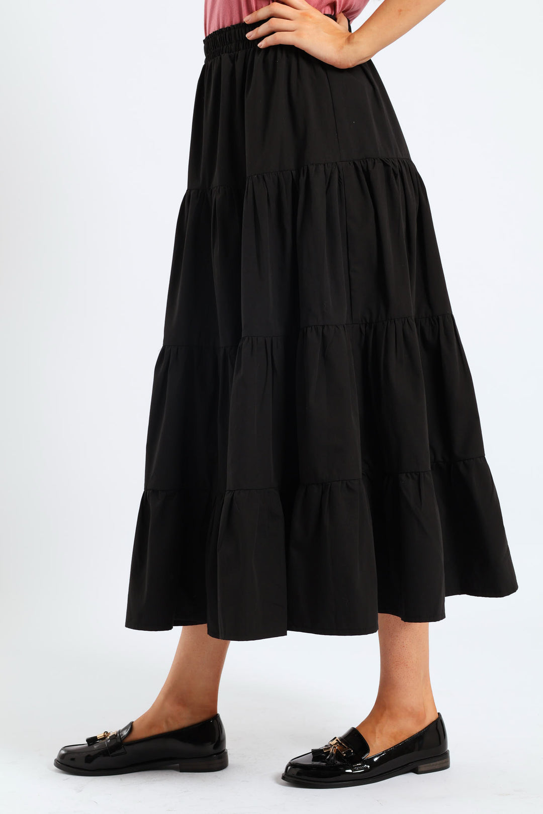 Tiered Poplin Flare Midaxi Skirt - Black