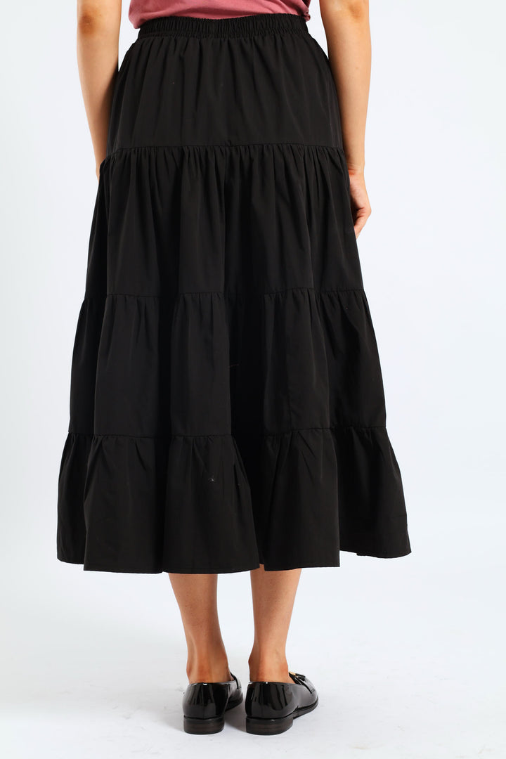 Tiered Poplin Flare Midaxi Skirt - Black