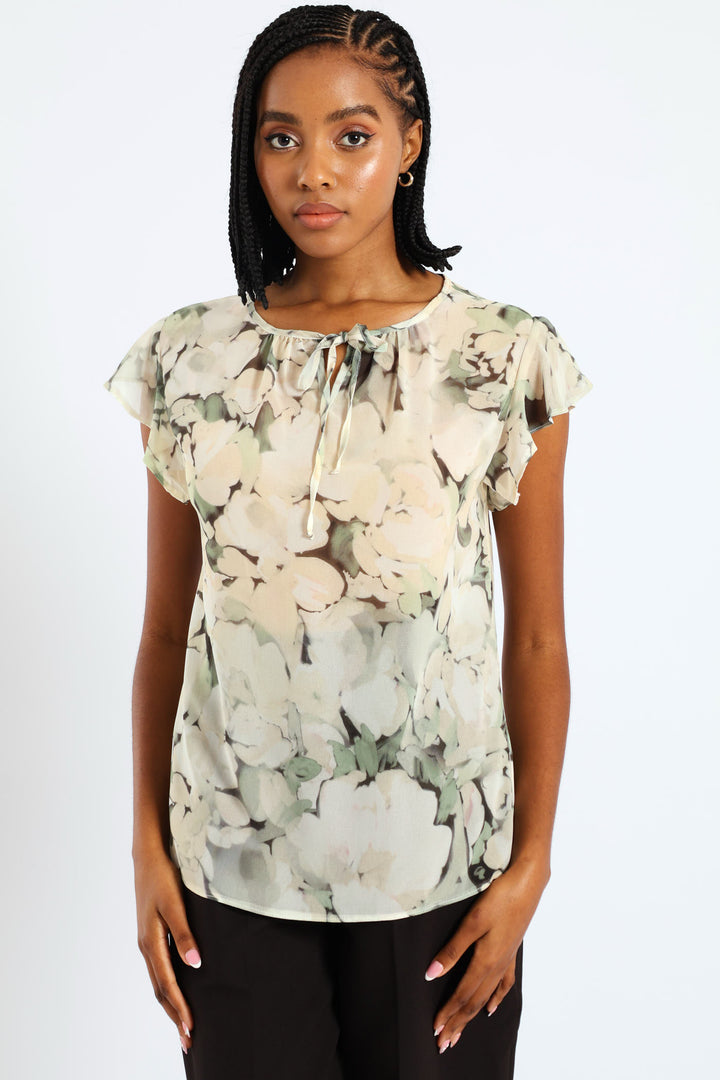 Tie Up Flutter Sleeve Blouse - Green