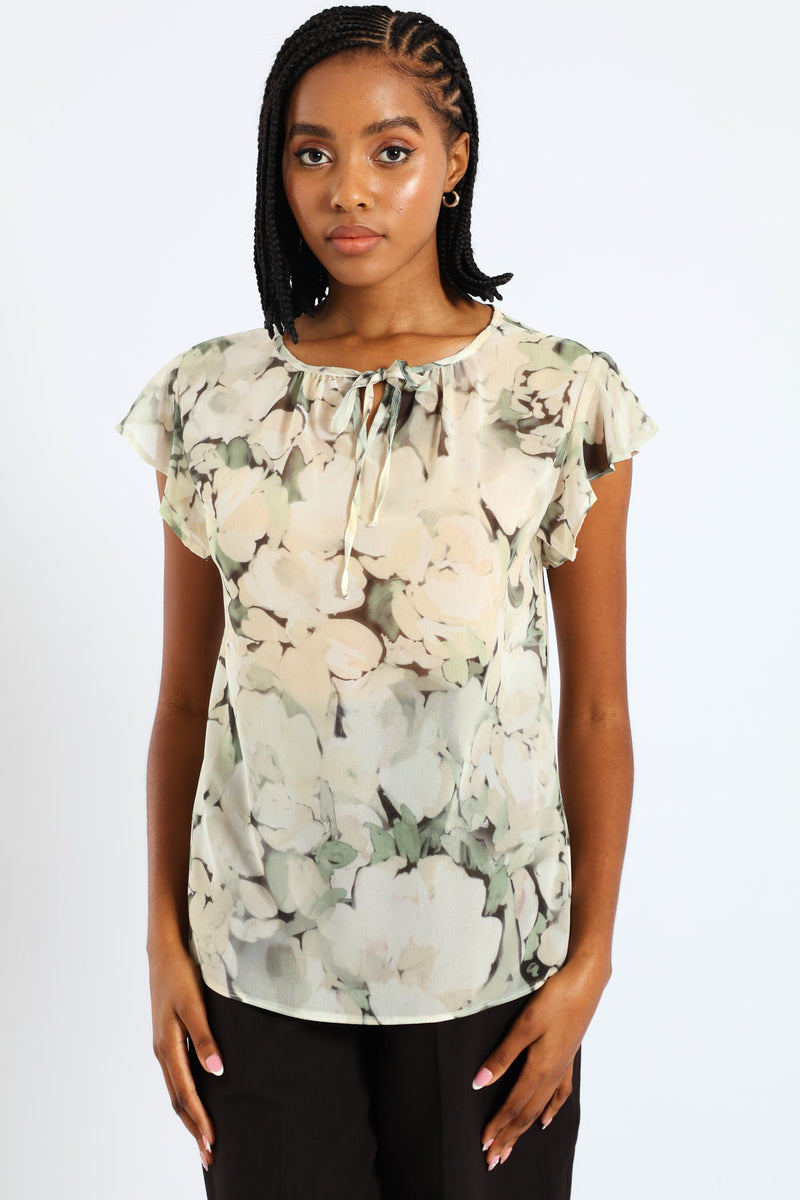 Tie Up Flutter Sleeve Blouse - Green