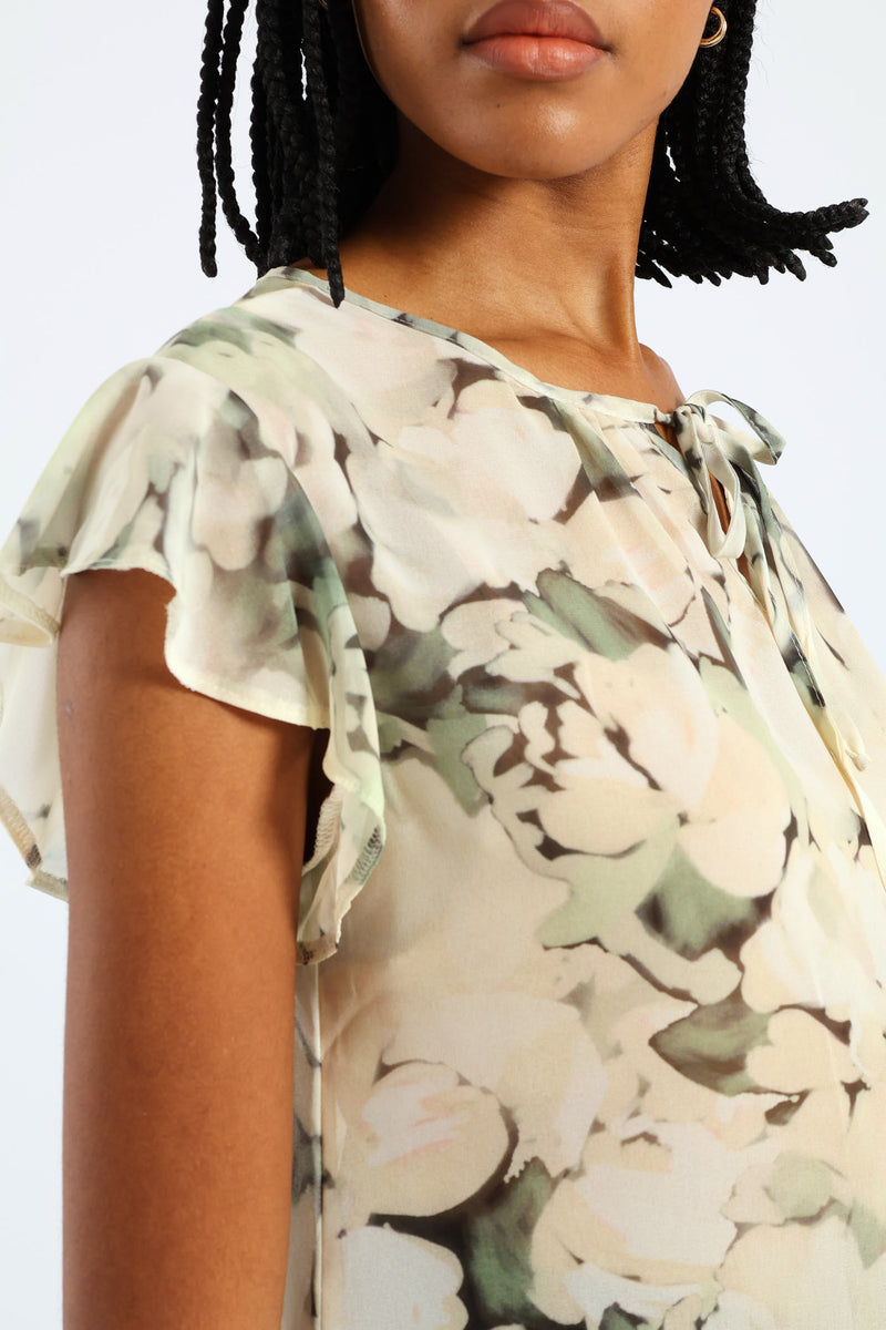 Tie Up Flutter Sleeve Blouse - Green