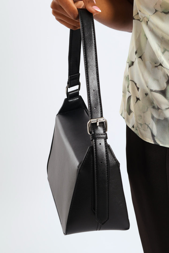 Magnetic Closure Shoulder Bag - Black
