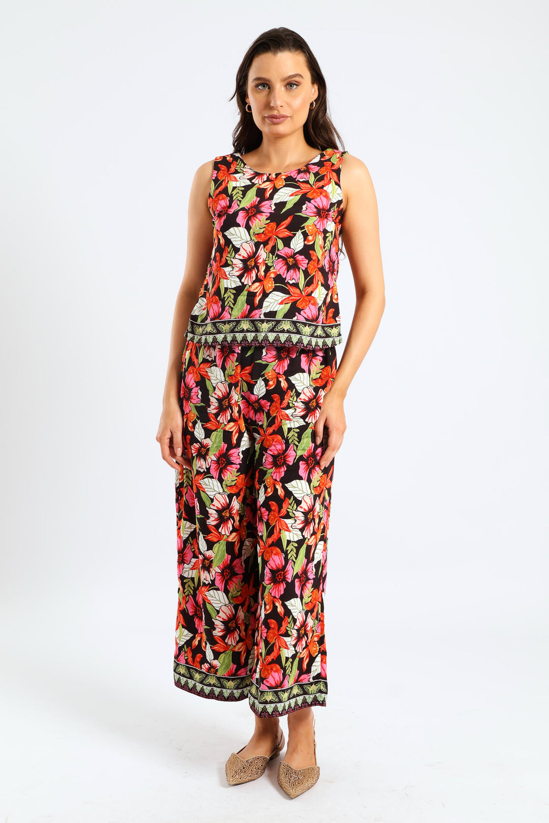Pull On Drawstring Tropical Floral Wideleg Pant - Multi