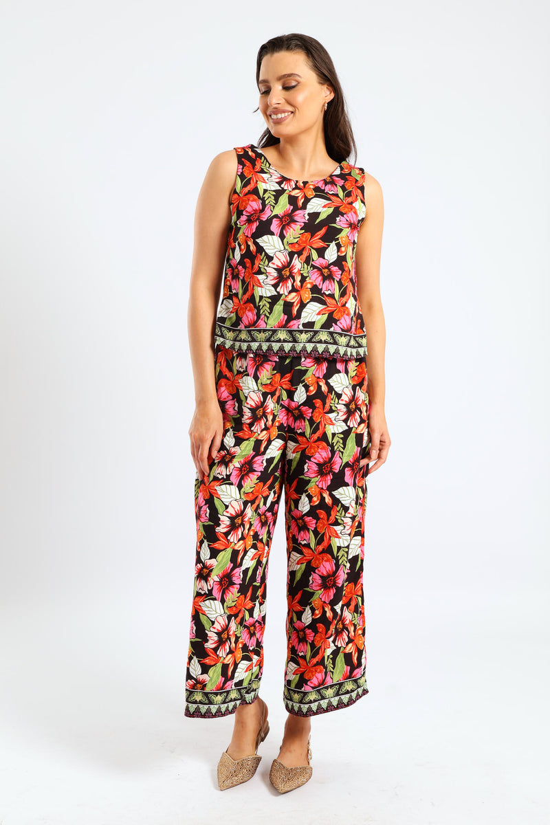 Side Slit Tropical Floral Shell Tank Top - Multi