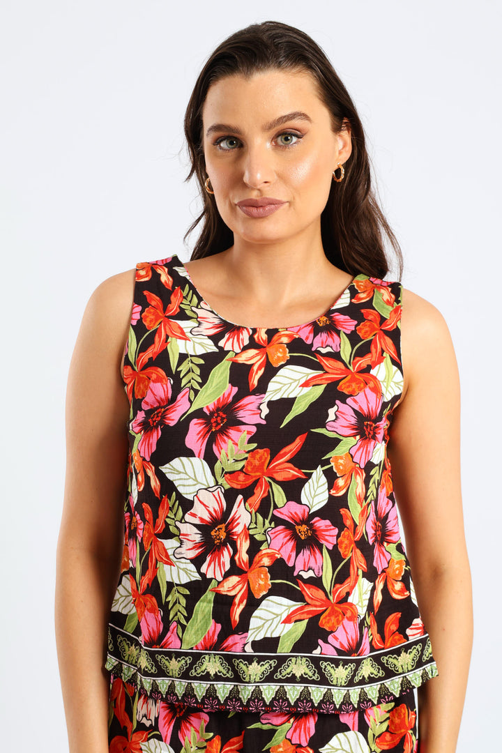 Side Slit Tropical Floral Shell Tank Top - Multi