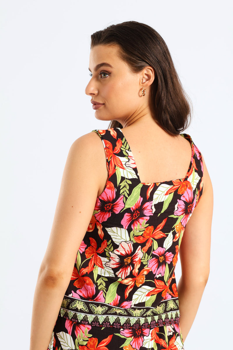 Side Slit Tropical Floral Shell Tank Top - Multi