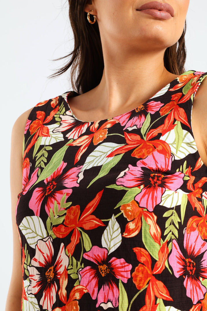 Side Slit Tropical Floral Shell Tank Top - Multi