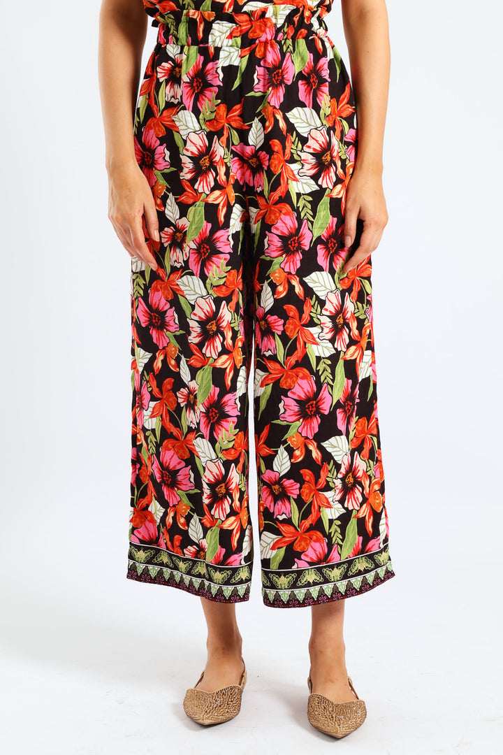Pull On Drawstring Tropical Floral Wideleg Pant - Multi