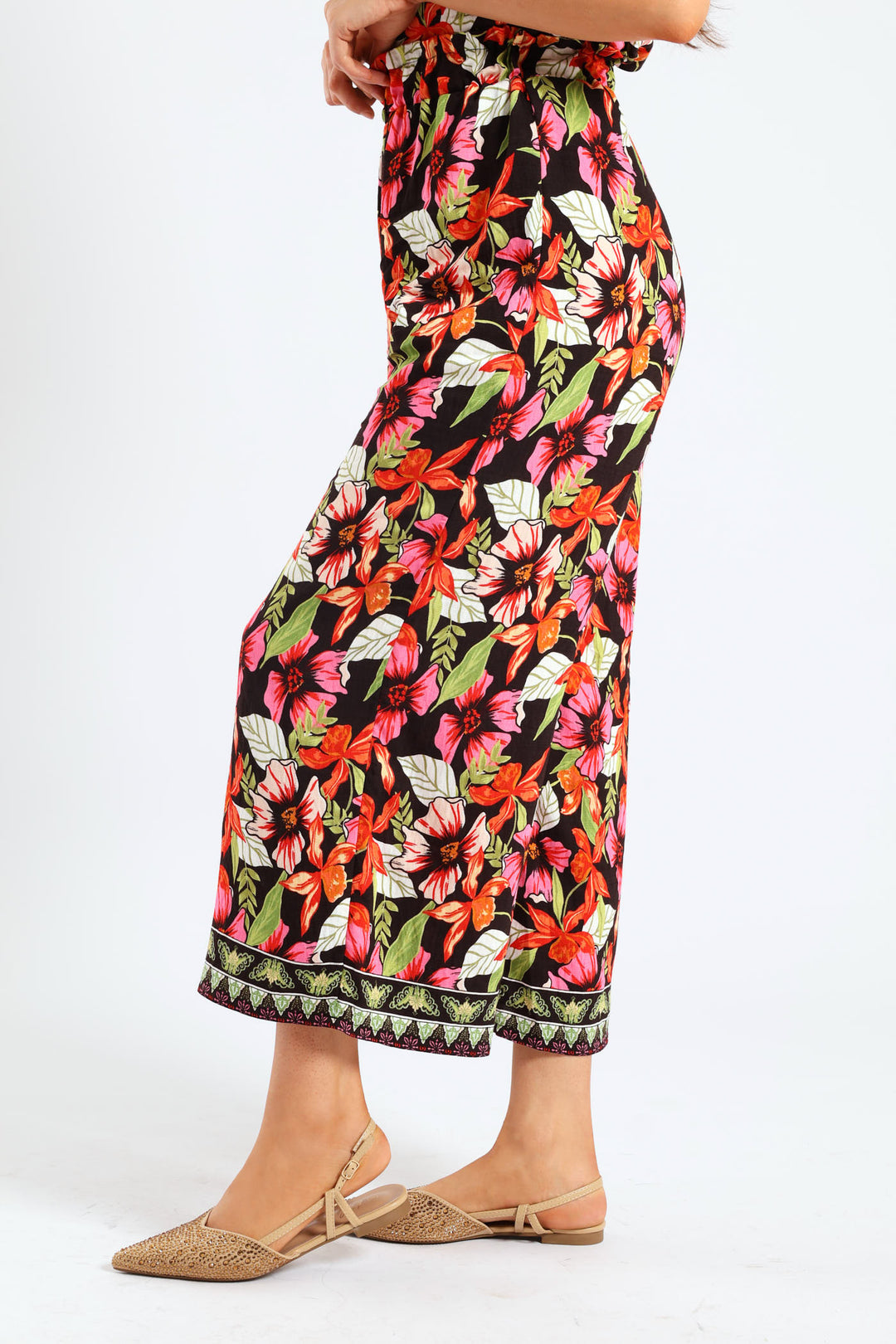 Pull On Drawstring Tropical Floral Wideleg Pant - Multi