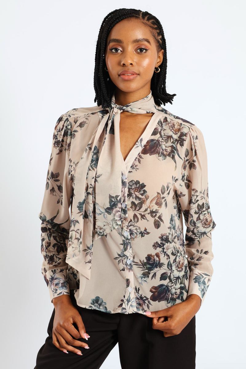 Kitty Bow Floral Romantic Chiffon Blouse - Cream