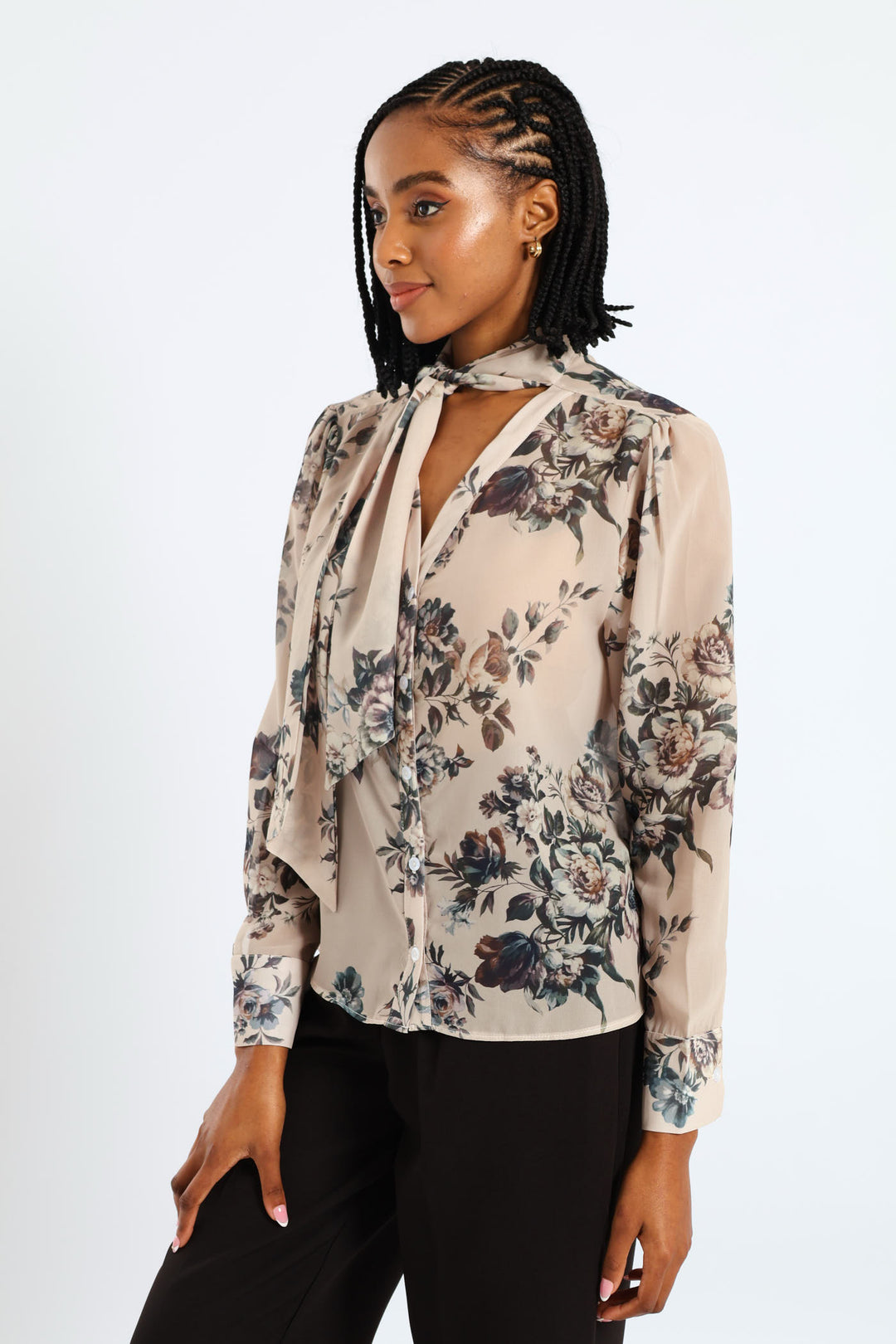 Kitty Bow Floral Romantic Chiffon Blouse - Cream