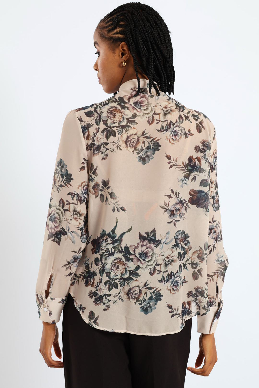Kitty Bow Floral Romantic Chiffon Blouse - Cream