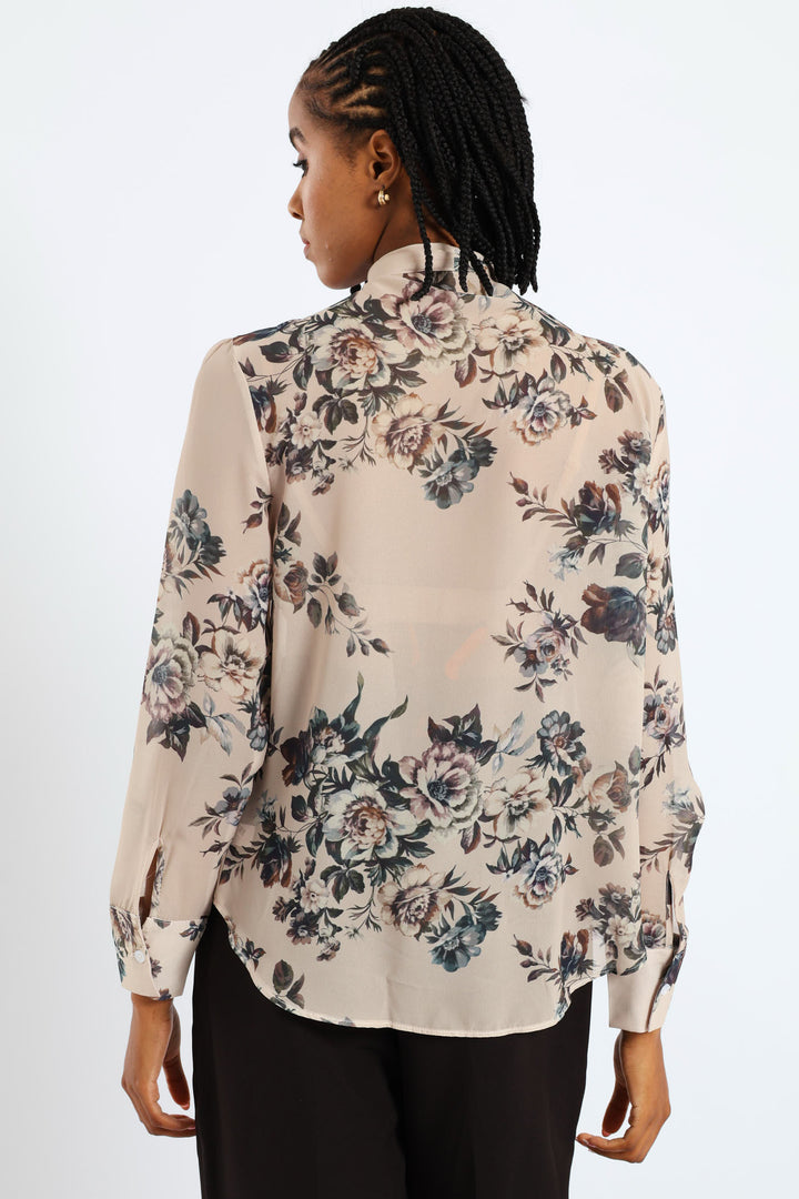 Kitty Bow Floral Romantic Chiffon Blouse - Cream