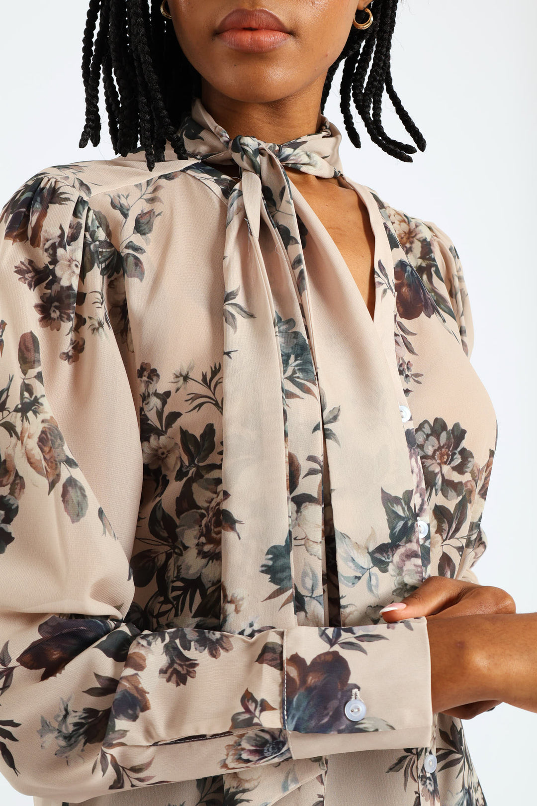 Kitty Bow Floral Romantic Chiffon Blouse - Cream