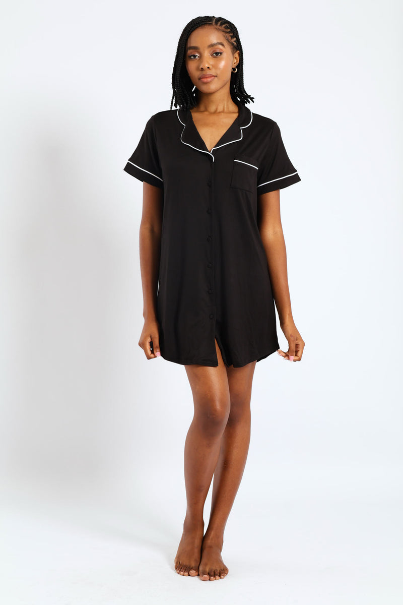 Button Through Sleepshirt - Black
