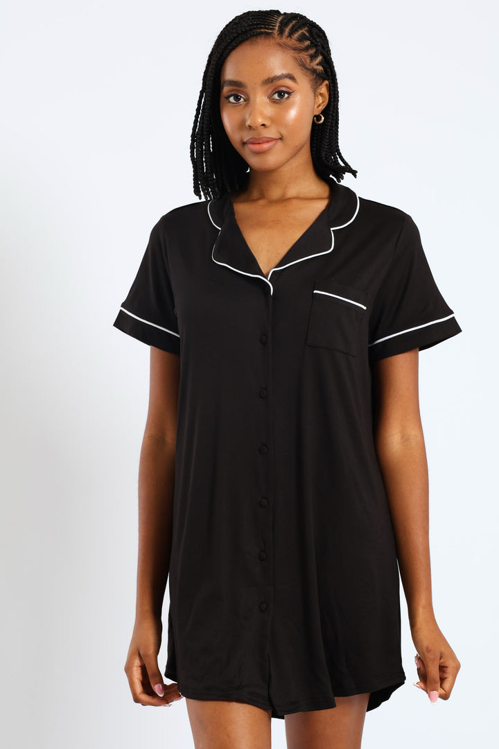 Button Through Sleepshirt - Black