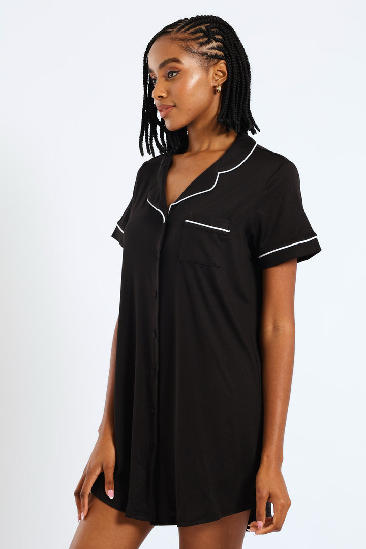 Button Through Sleepshirt - Black