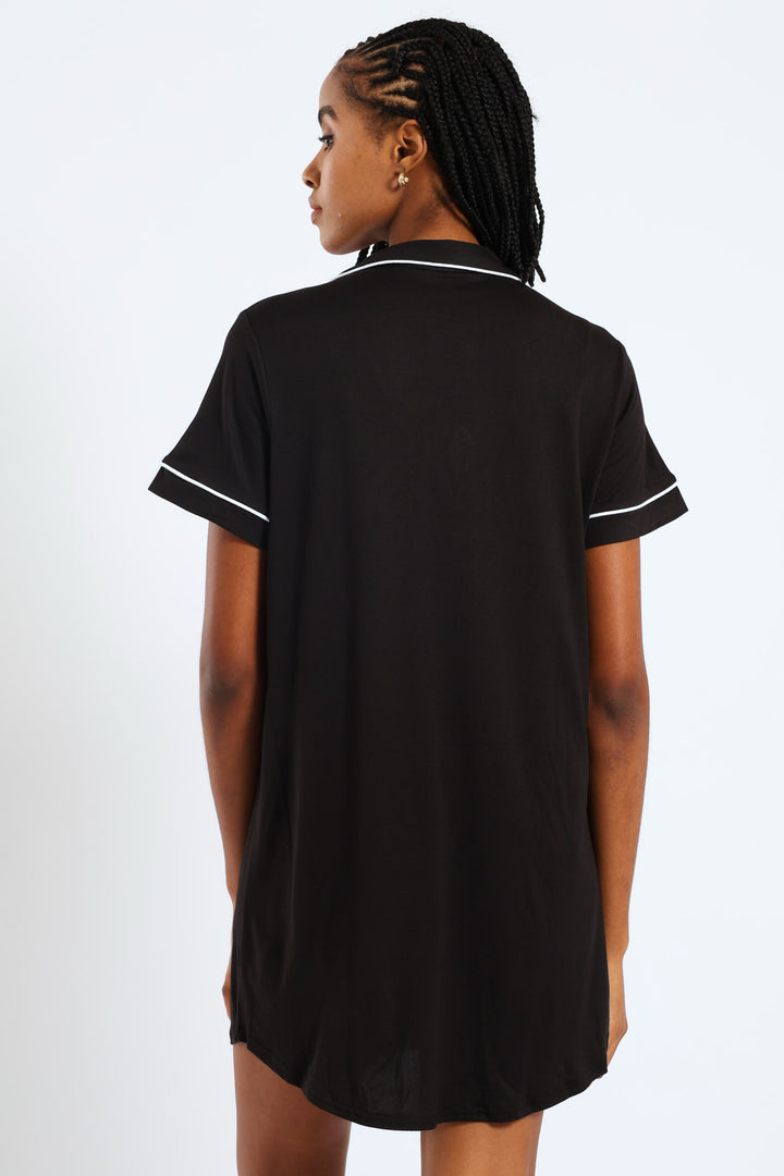 Button Through Sleepshirt - Black