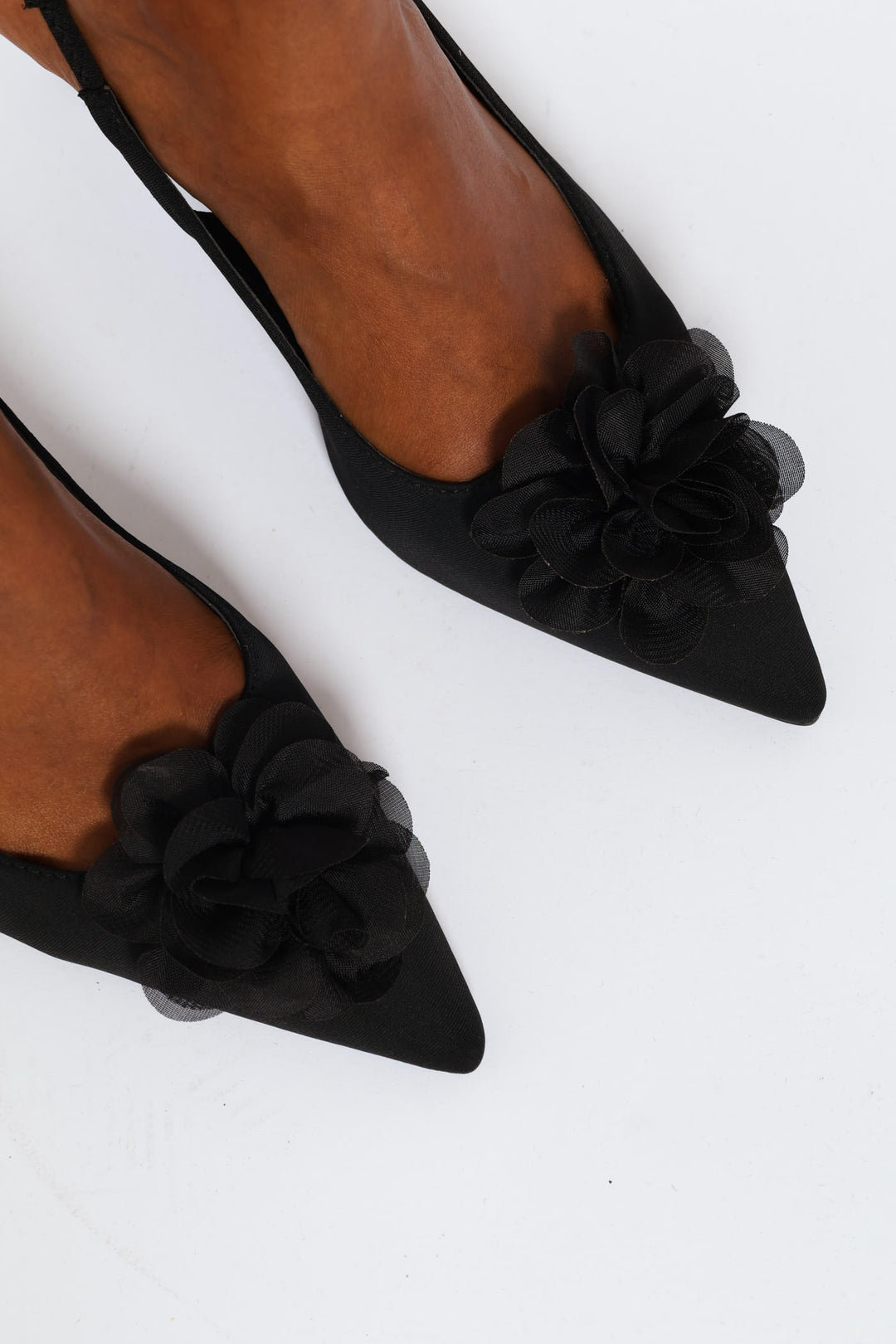 Chiffon Flower Kitten Slingback Heel - Black