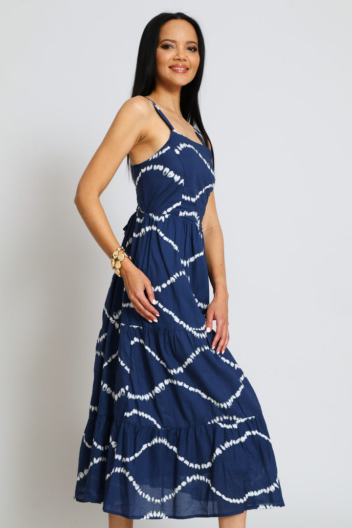 Strappy Back Lace Up Tiered Maxi Dress - Navy/White