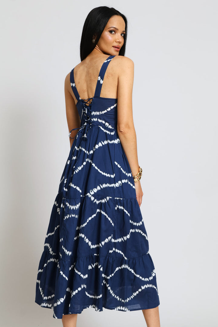 Strappy Back Lace Up Tiered Maxi Dress - Navy/White