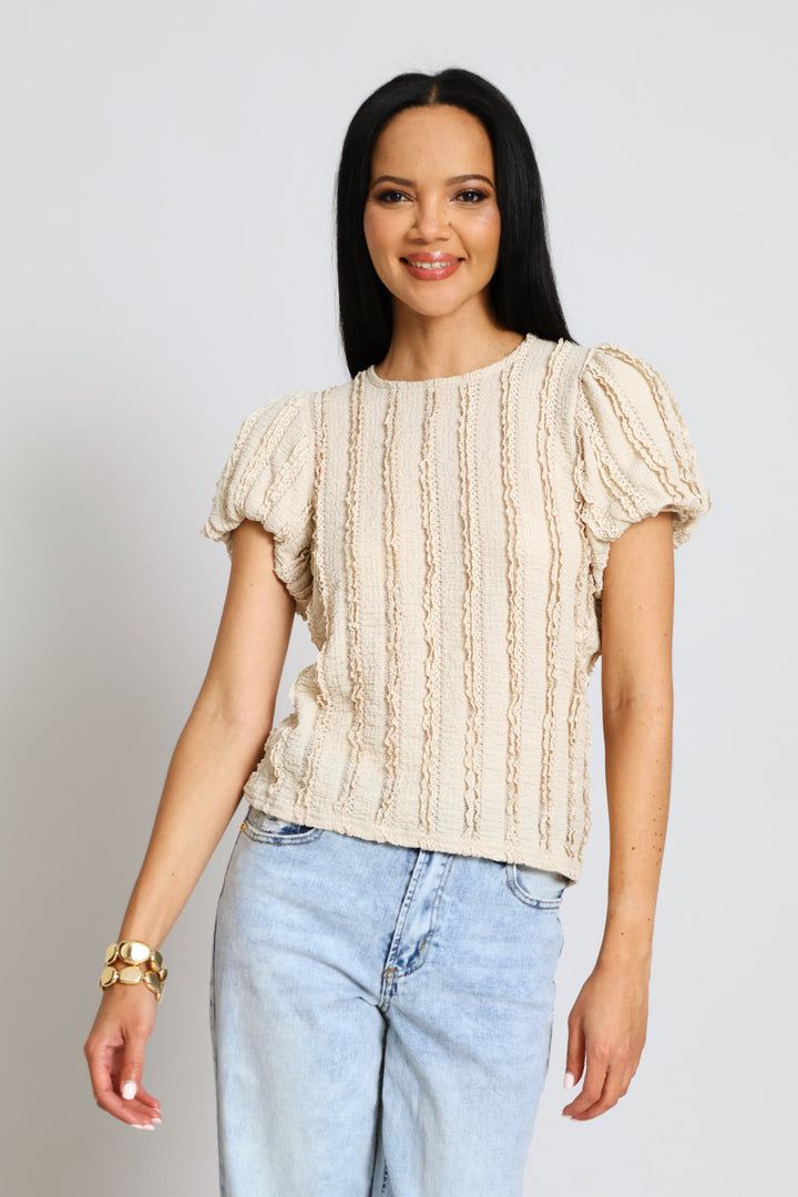 Bubble Sleeve Eyelash Crinkle Top - Oatmeal