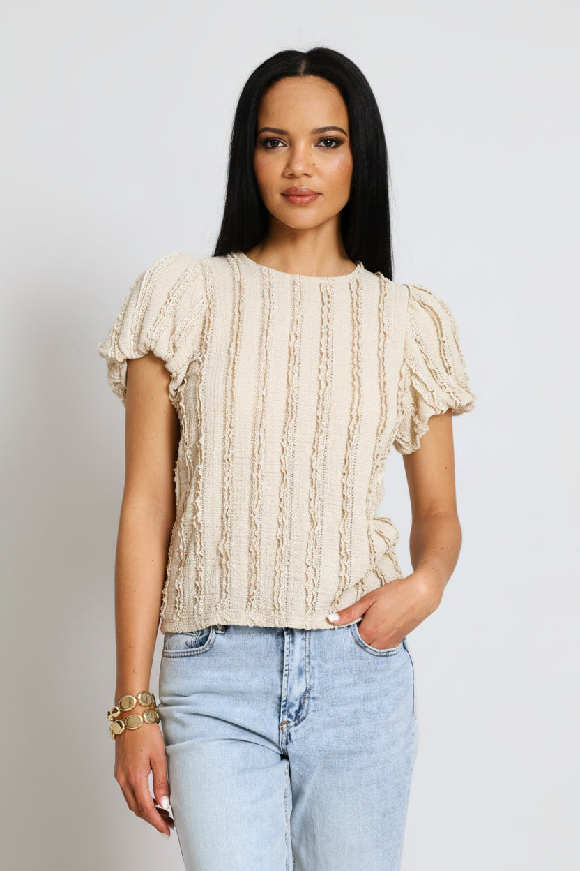 Bubble Sleeve Eyelash Crinkle Top - Oatmeal