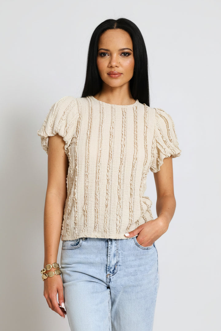 Bubble Sleeve Eyelash Crinkle Top - Oatmeal