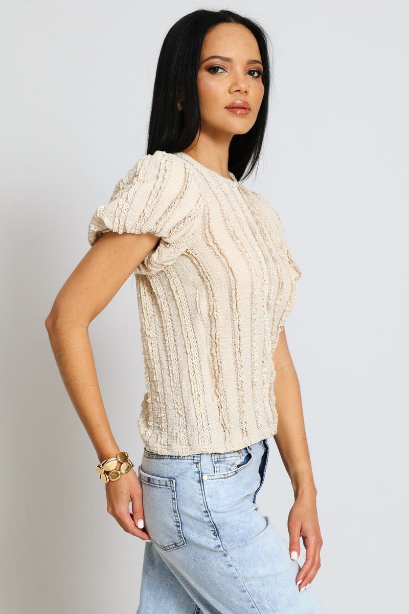 Bubble Sleeve Eyelash Crinkle Top - Oatmeal