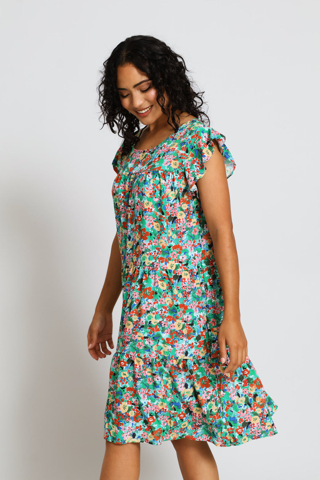 Flutter Sleeve Tiered Mini Dress - Multi