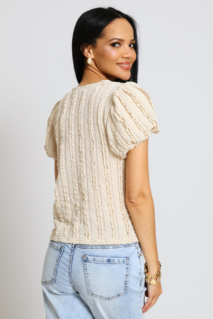 Bubble Sleeve Eyelash Crinkle Top - Oatmeal