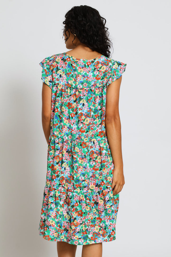 Flutter Sleeve Tiered Mini Dress - Multi