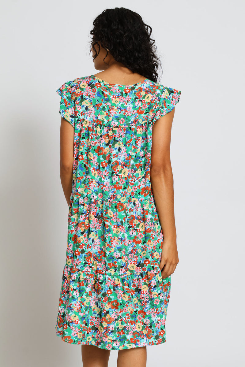 Flutter Sleeve Tiered Mini Dress - Multi