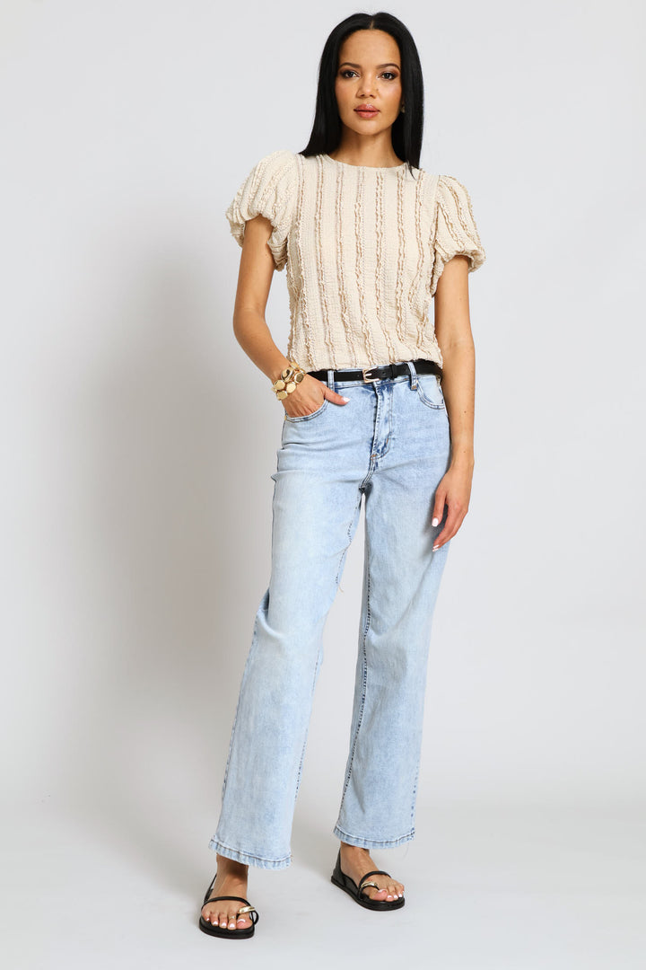 Bubble Sleeve Eyelash Crinkle Top - Oatmeal